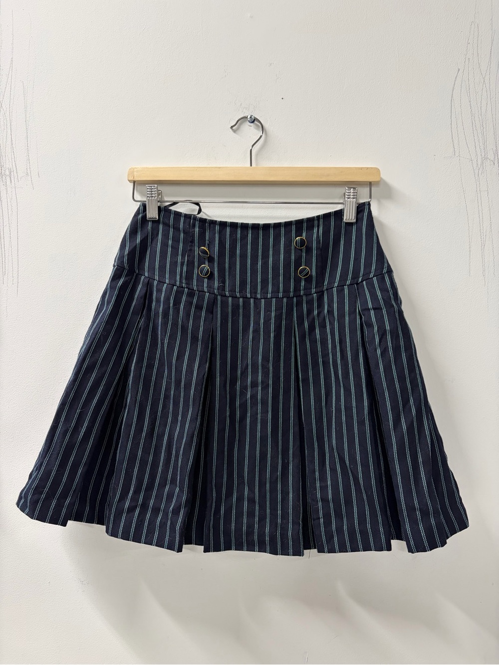 Navy and Green Pinstripe Pleated Skirt